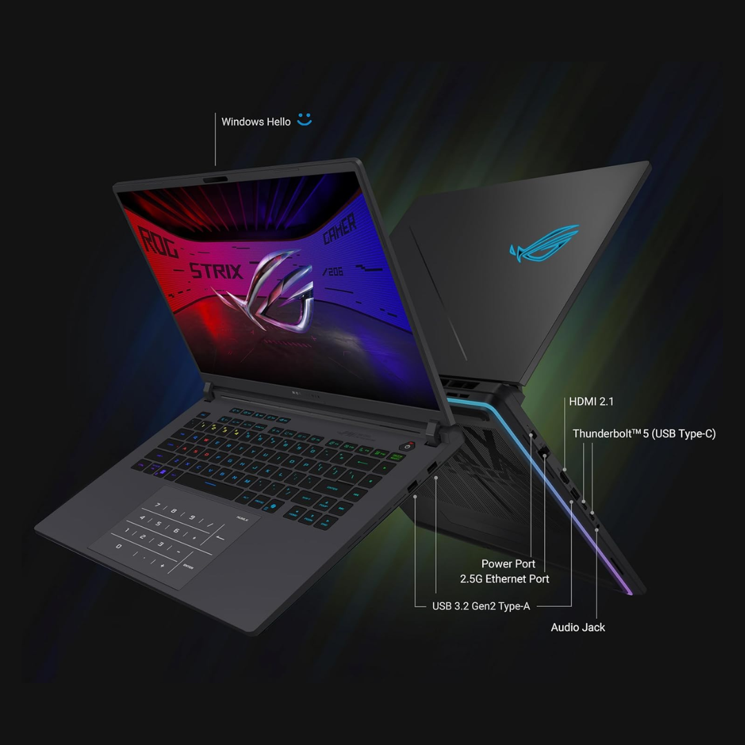 ASUS ROG Strix G16 2025 ports and RGB keyboard