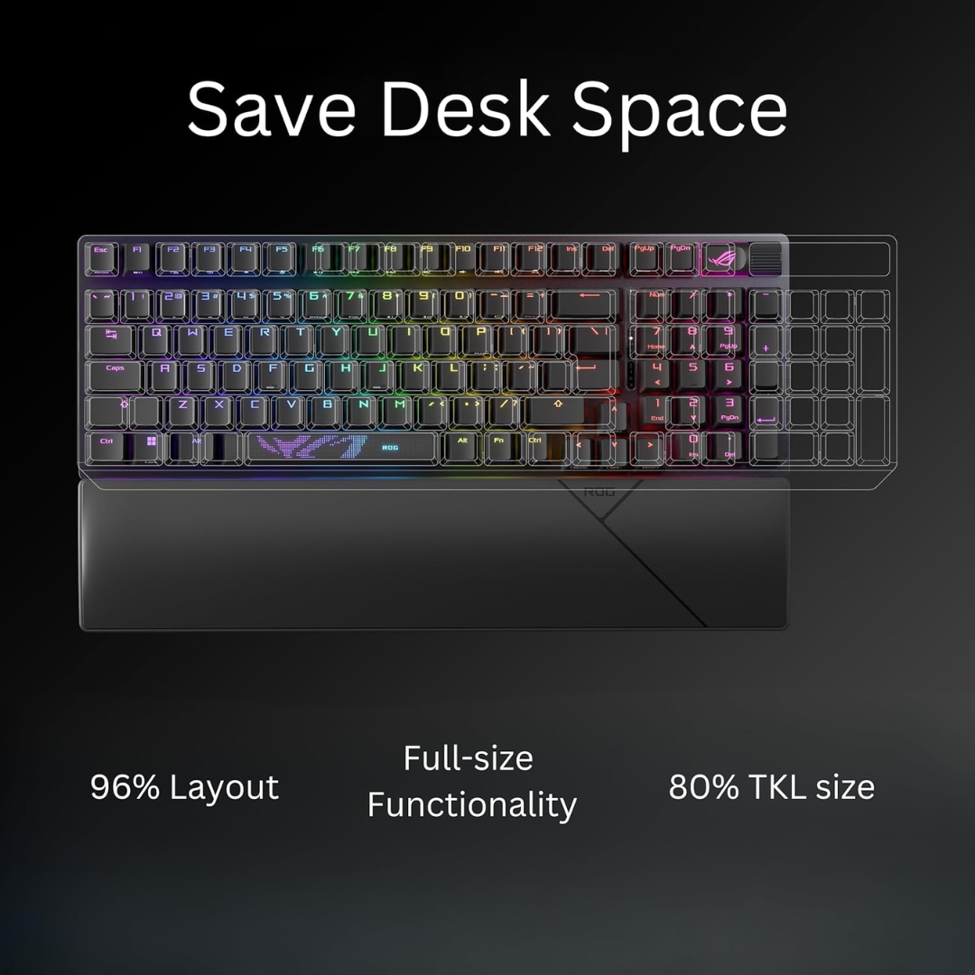 ASUS ROG Strix Scope II 96 Wireless Mechanical Gaming Keyboard – 96% Full-Size, Tri-Mode Connectivity, Hot Swappable Pre-lubed ROG NX Snow Linear Switches, PBT Keycaps, RGB, PC/Mac Support-Black